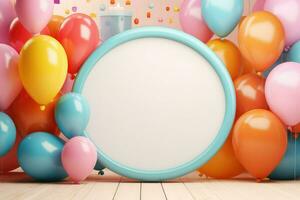 AI generated Blank round frame mockup with color balloons and confetti, round frame on color balloons and confetti, AI Generated photo