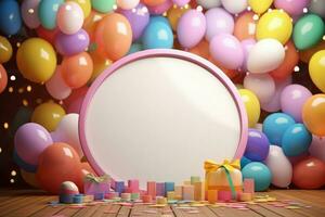 AI generated Blank round frame mockup with color balloons and confetti, round frame on color balloons and confetti, AI Generated photo