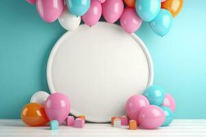 AI generated Blank frame mockup with color balloons and confetti, frame on color balloons and confetti, AI Generated photo