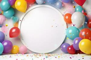 AI generated Blank frame mockup with color balloons and confetti, frame on color balloons and confetti, AI Generated photo