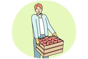 Smiling man with wooden box of apples. Happy guy farmer carry package with fruits. Farming and gardening. Vector illustration.