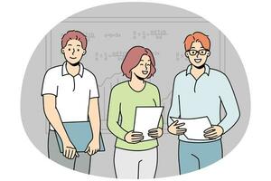 Smiling students with documents standing near board presenting in classroom. Happy pupils with paperwork make presentation in school. Vector illustration.