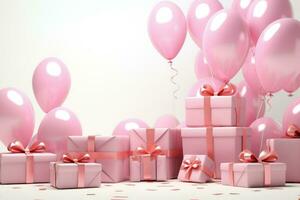 AI generated Pink balloons and gift boxes on white background. 3d render of birthday background with gift box, balloons and confetti, AI Generated photo