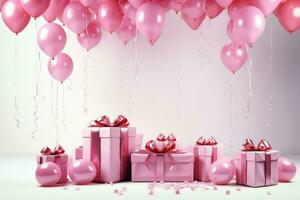 ai generado cumpleaños antecedentes decoración con rosado globos y regalo cajas en blanco antecedentes. 3d hacer de cumpleaños fondo, ai generado foto