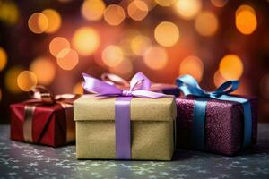 AI generated Colorful gift box binding with color Ribbon and blur background Ai generated photo