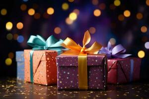 AI generated Colorful gift box binding with color Ribbon and blur background Ai generated photo