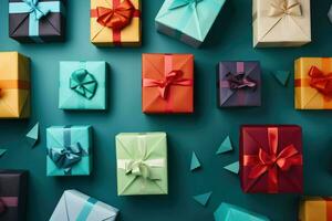 AI generated Top view Colorful gift box binding with color Ribbon and blur background Ai generated photo