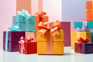 AI generated Colorful gift box binding with color Ribbon and blur background Ai generated photo