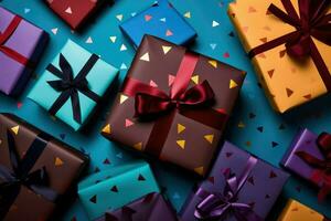 AI generated Top view Colorful gift box binding with color Ribbon and blur background Ai generated photo