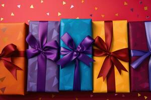 AI generated Top view Colorful gift box binding with color Ribbon and blur background Ai generated photo