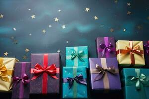 AI generated Top view Colorful gift box binding with color Ribbon and blur background Ai generated photo