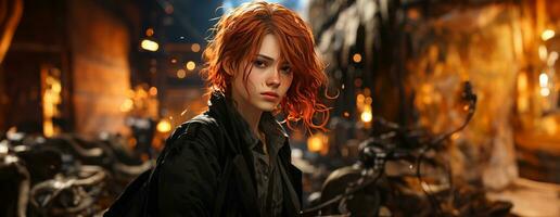 AI Generated Beautiful young redhead woman soldier portrait. Ai Generative. photo