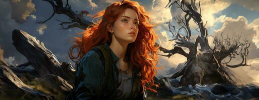 AI Generated Beautiful young redhead woman soldier portrait. Ai Generative. photo