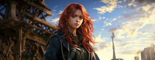 AI Generated Beautiful young redhead woman soldier portrait. Ai Generative. photo