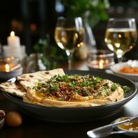 AI Generated Hummus in a wooden plate with parsley and croutons. Dishes of chickpeas, a vegetarian dish. Ai Generative. photo
