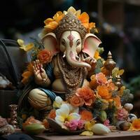 AI Generated Golden lord ganesha sculpture on nature background. celebrate lord ganesha festival. Ai Generative. photo