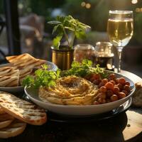 AI Generated Hummus in a wooden plate with parsley and croutons. Dishes of chickpeas, a vegetarian dish. Ai Generative. photo