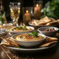 AI Generated Hummus in a wooden plate with parsley and croutons. Dishes of chickpeas, a vegetarian dish. Ai Generative. photo