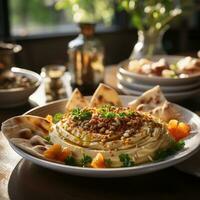 AI Generated Hummus in a wooden plate with parsley and croutons. Dishes of chickpeas, a vegetarian dish. Ai Generative. photo