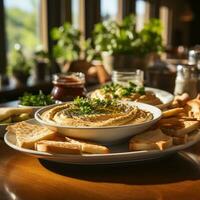 AI Generated Hummus in a wooden plate with parsley and croutons. Dishes of chickpeas, a vegetarian dish. Ai Generative. photo