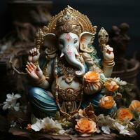 AI Generated Golden lord ganesha sculpture on nature background. celebrate lord ganesha festival. Ai Generative. photo