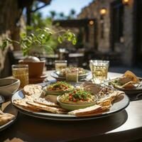 AI Generated Hummus in a wooden plate with parsley and croutons. Dishes of chickpeas, a vegetarian dish. Ai Generative. photo