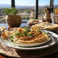 AI Generated Hummus in a wooden plate with parsley and croutons. Dishes of chickpeas, a vegetarian dish. Ai Generative. photo