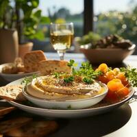AI Generated Hummus in a wooden plate with parsley and croutons. Dishes of chickpeas, a vegetarian dish. Ai Generative. photo