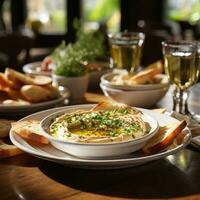 AI Generated Hummus in a wooden plate with parsley and croutons. Dishes of chickpeas, a vegetarian dish. Ai Generative. photo