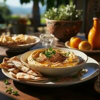 AI Generated Hummus in a wooden plate with parsley and croutons. Dishes of chickpeas, a vegetarian dish. Ai Generative. photo