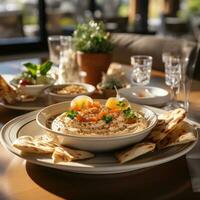 AI Generated Hummus in a wooden plate with parsley and croutons. Dishes of chickpeas, a vegetarian dish. Ai Generative. photo