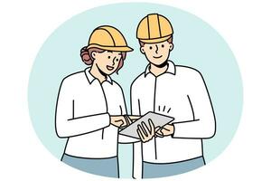 Smiling engineers in helmets working together at building site. Happy architects team brainstorm cooperate at construction place. Vector illustration.