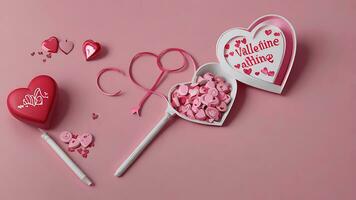 AI generated valentines day celebration, pink gift box with gold ribbon and heart romantic banner love concept on pink background 3d rendering. 3d render illustation. Flat lay, top view photo