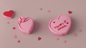 AI generated valentines day celebration, pink gift box with gold ribbon and heart romantic banner love concept on pink background 3d rendering. 3d render illustation. Flat lay, top view photo