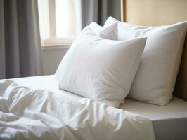 ai generado cómodo cama con suave blanco almohadas y lecho en cama foto