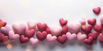 AI Generated Valentine day background of many different 3d hearts on white soft background. Copy space. photo