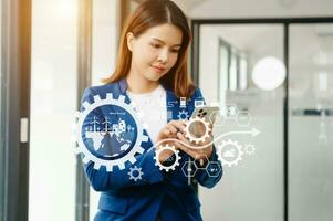 ESG concept of environmental, Green ethical business preserving resources, reducing CO2, Business person team working on laptop virtual smartphone photo