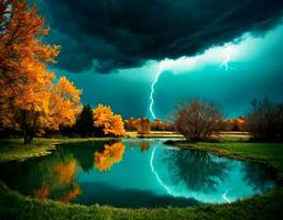 AI generated Minimal, cinematic, tranquil pond, tornado, dark teal and amber, photo