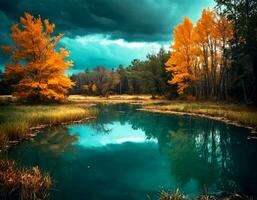 AI generated Minimal, cinematic, tranquil pond, tornado, dark teal and amber, photo