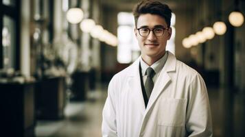 ai generado masculino médico vistiendo bata de laboratorio en pie y sonriente foto