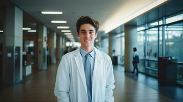 ai generado masculino médico vistiendo bata de laboratorio en pie y sonriente foto