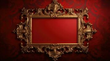 AI generated antique damask frame with red and gold color, ai photo