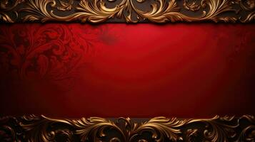 AI generated antique damask frame with red and gold color, ai photo