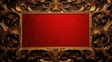 AI generated antique damask frame with red and gold color, ai photo