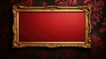 AI generated antique damask frame with red and gold color, ai photo