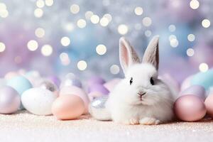 AI generated Beautiful Easter background with eggs, glitter, cute bunny and copy space for text. Soft, pastel colors. Tranquil and joyful scene. Perfect for holiday-themed designs, greeting cards. photo