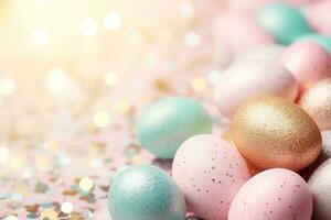 AI generated Enchanting Easter background with eggs, bokeh lights and copy space for text. Soft, pastel colors. Tranquil and joyful scene. Perfect for holiday-themed designs, greeting cards photo