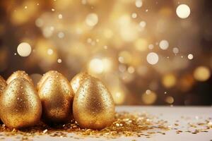 AI generated Beautiful, magical Easter background with golden eggs, glitter particles, bokeh lights and copy space. Perfect for holiday-themed designs, greeting cards. Celebration, festive mood. photo