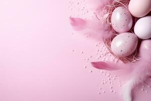AI generated Enchanting Easter background with eggs, feathers and copy space for text. Soft, pastel colors. Tranquil and joyful scene. Perfect for holiday-themed designs, greeting cards. photo