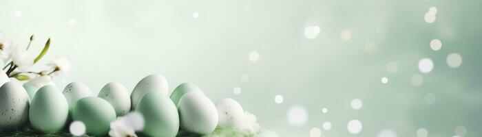 AI generated Green Easter background with eggs, flowers, bokeh lights and copy space for text. Soft, pastel colors. Tranquil and joyful scene. Perfect for holiday-themed designs, greeting cards. photo